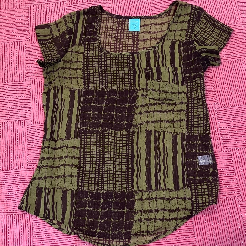 H.I.P. Medium wm’s blouse Olive and Brown Prague Patchwork patterned Blouse